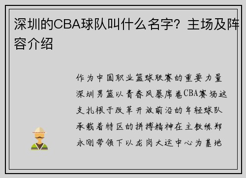 深圳的CBA球队叫什么名字？主场及阵容介绍