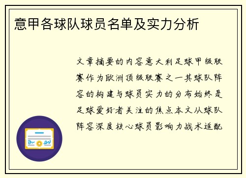 意甲各球队球员名单及实力分析
